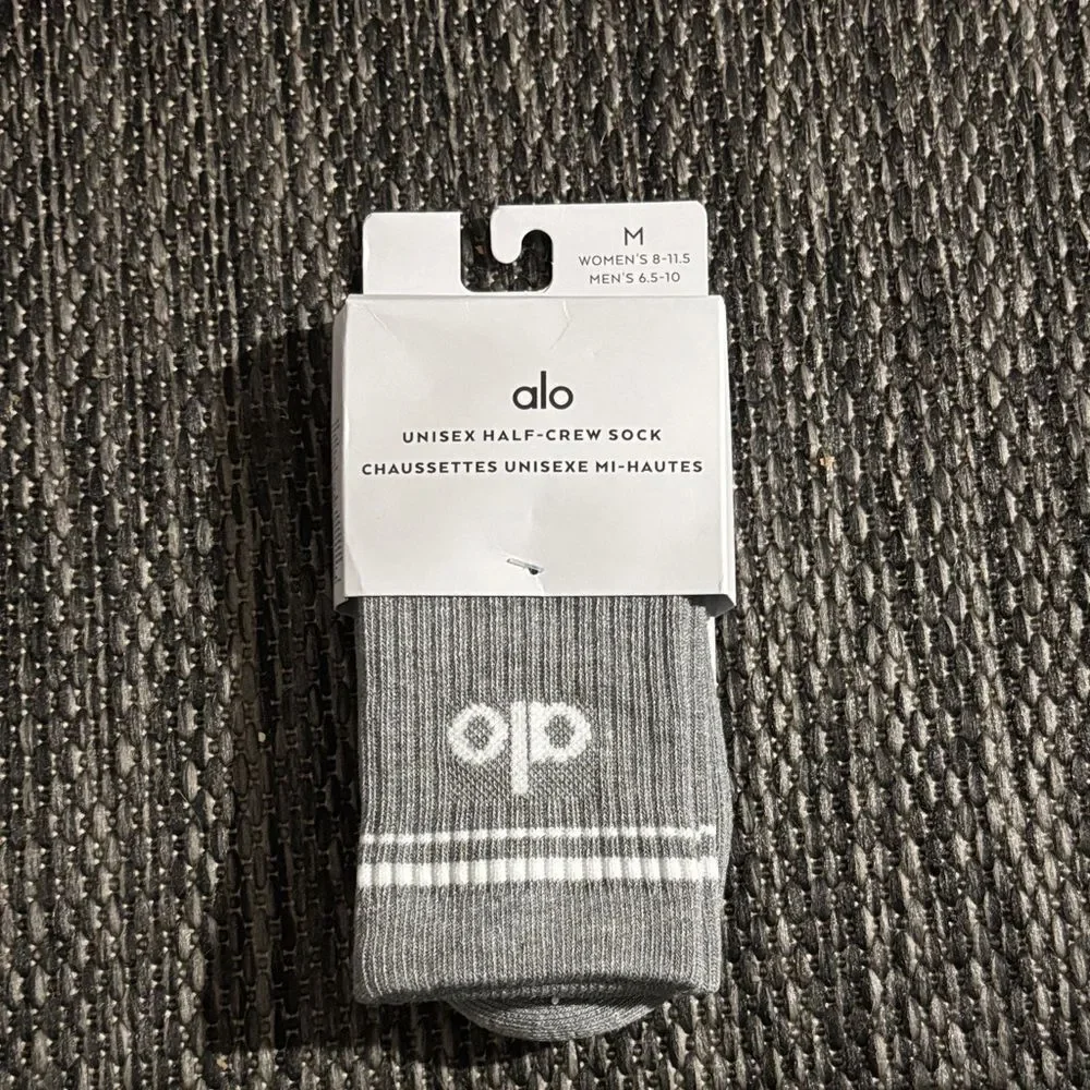 Alo Yoga Unisex Half Crew Sock Athletic Heather Grey Size Medium NEW